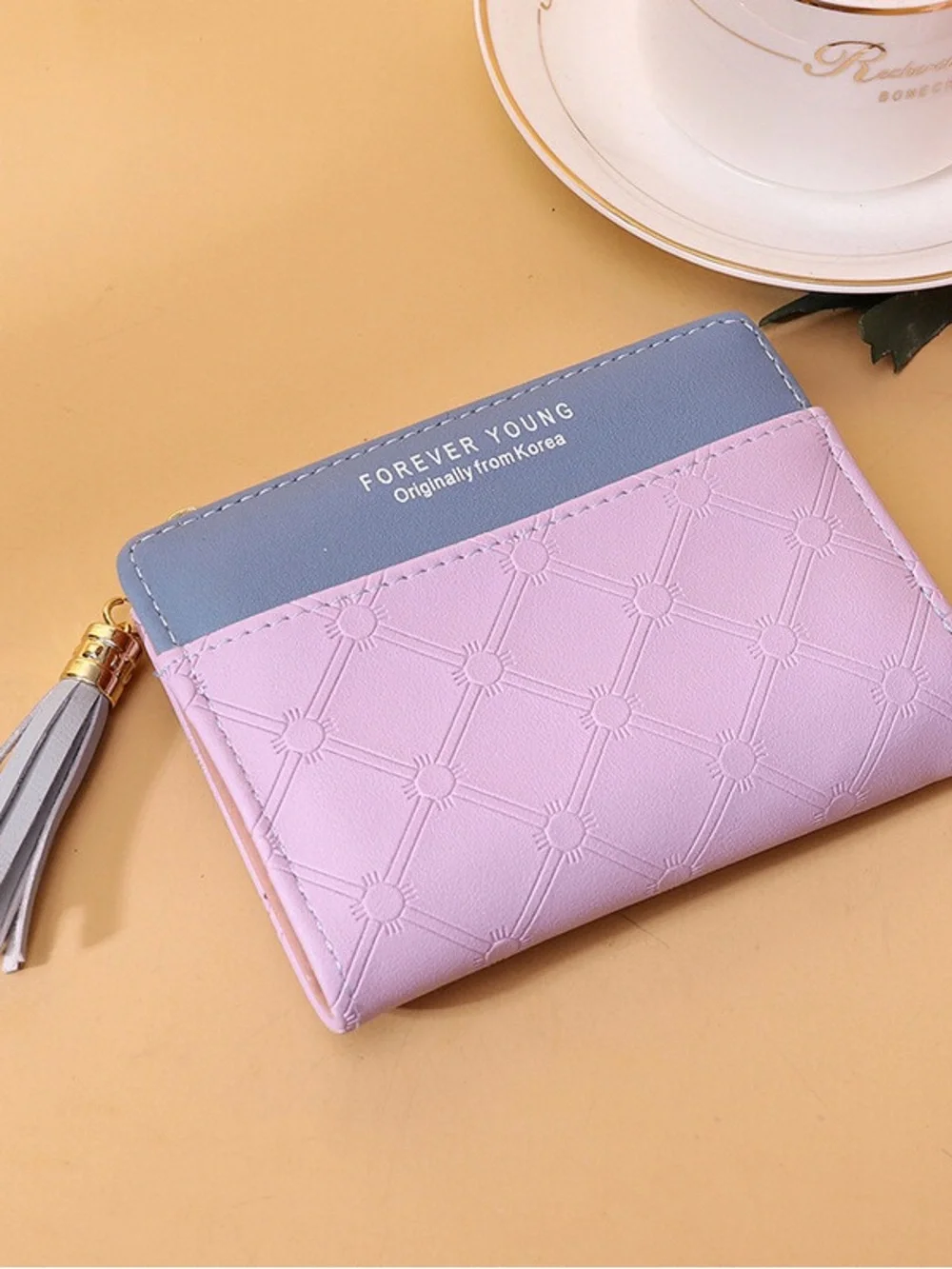 Women's Short Wallet Small Bi-fold Coin Pocket Tassel Charm Purple Blue New